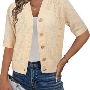 Women's Lightweight Crocheted Short Sleeve Cardigan Sweater with Buttons for Cas